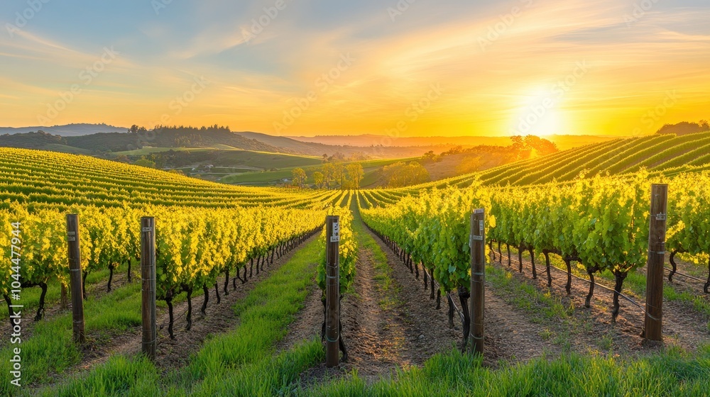 Fototapeta premium A vineyard glowing at sunset, with rows of vines reaching into the horizon, symbolizing the abundant harvest and art of winemaking