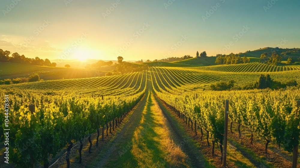 Naklejka premium Vineyard at golden hour with rows of vines illuminated by the setting sun, symbolizing the abundant beauty of winemaking