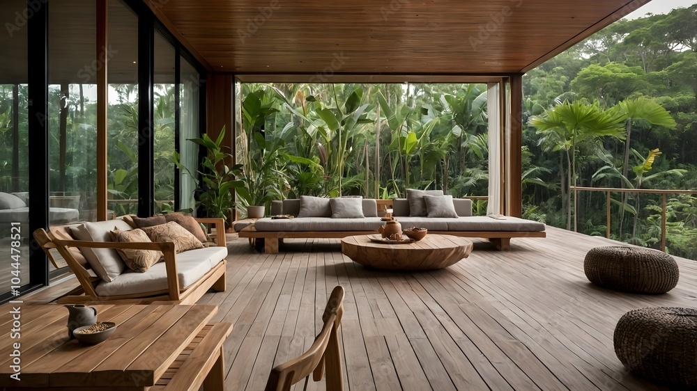 Fototapeta premium AI-Generated Image of an ultra-modern exotic wooden house designed for two people, blending nature and minimalist architecture. 