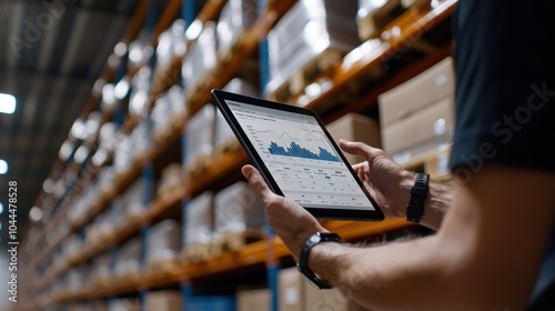A warehouse worker is using an iPad to view and analyze data on inventory and performance, showcasing the integration of technology in modern logistics.