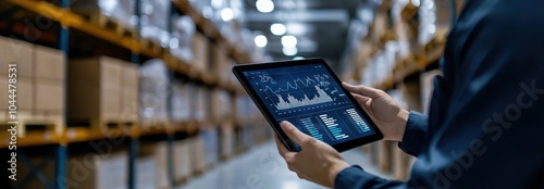 A warehouse worker holds an iPad while analyzing inventory data on the screen. The modern workspace features shelves full of boxes and focuses on efficiency in logistics.