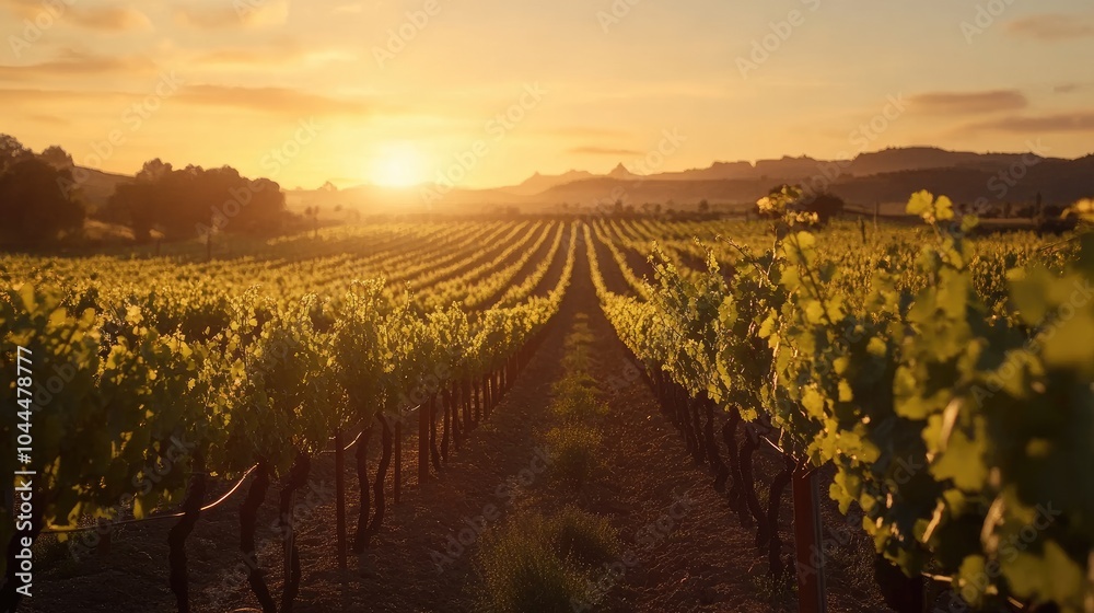 Fototapeta premium A serene vineyard at golden hour, with rows of vines reaching toward the horizon, symbolizing abundance and the art of winemaking