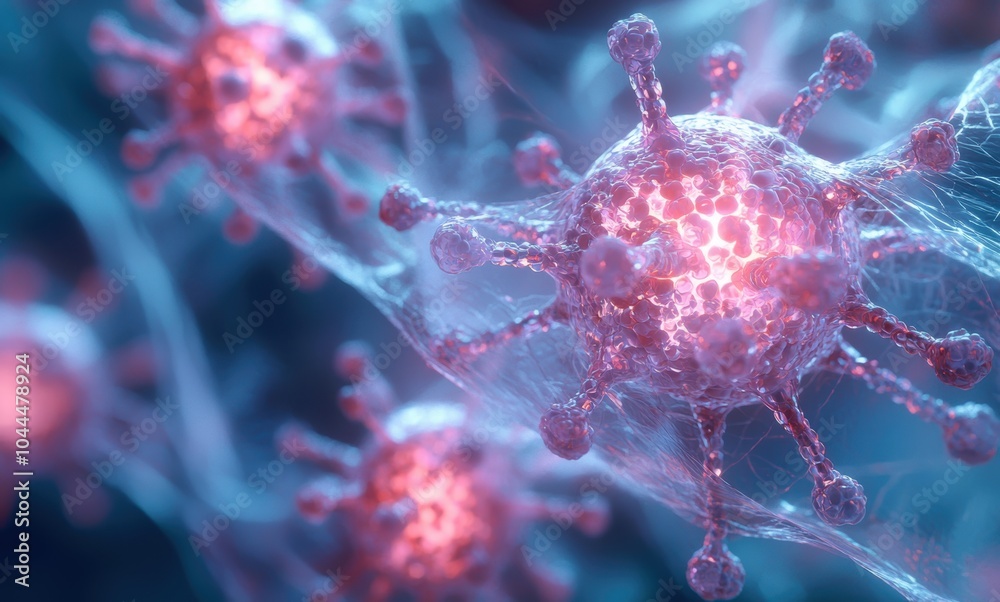 This high-fidelity visual representation depicts a virus, showcasing intricate details and vibrant colors in a digital format. Ideal for scientific projects. This high-fidelity visual representation depicts a virus, showcasing intricate details and vibrant colors in a digital format. Ideal for scientific projects.