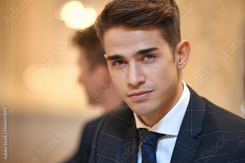 Young man in a suit, looking confidently into the camera with a soft focus background