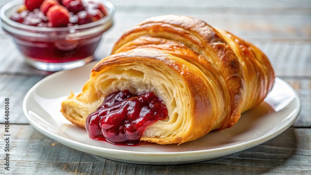 Savor a buttery croissant with raspberry jam on a plate offering a satisfying texture Savor a buttery croissant with raspberry jam on a plate offering a satisfying texture