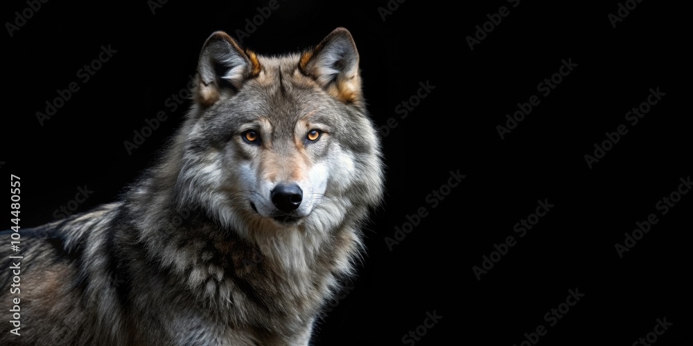 Majestic grey wolf standing against a dark black background, wildlife, predator, animal, nature, wilderness, majestic Majestic grey wolf standing against a dark black background, wildlife, predator, animal, nature, wilderness, majestic