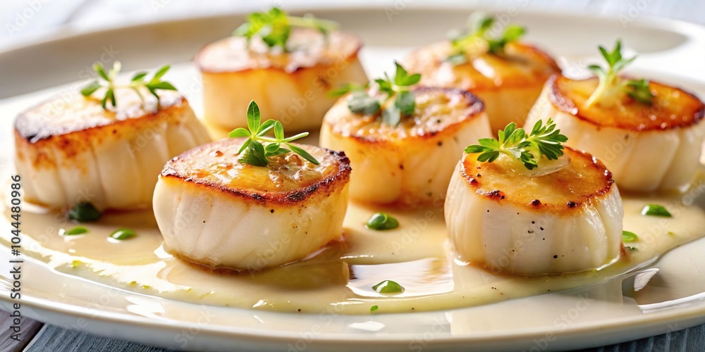 Scallops plated elegantly with a creamy sauce drizzled artistically from a low angle Scallops plated elegantly with a creamy sauce drizzled artistically from a low angle