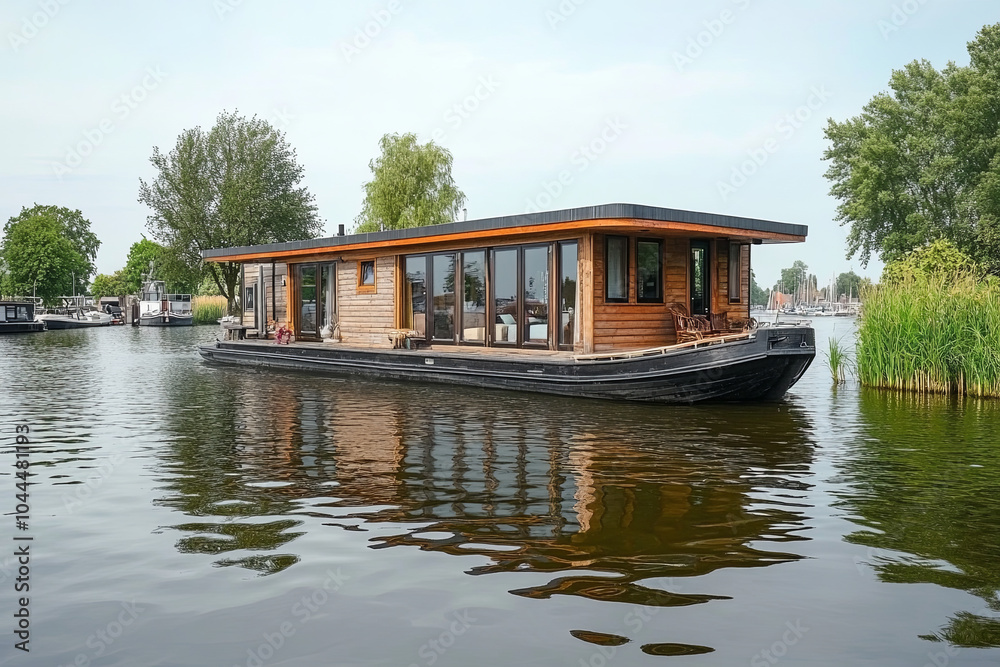A houseboat floating on the canals of Amsterdam, showcasing the unique Dutch living style A houseboat floating on the canals of Amsterdam, showcasing the unique Dutch living style