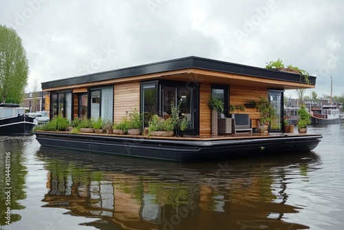 A houseboat floating on the canals of Amsterdam, showcasing the unique Dutch living style photo