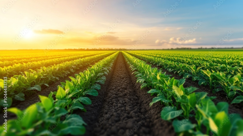 Vibrant green fields at sunrise a beautiful landscape of growing crops underneath the golden sky. Vibrant green fields at sunrise a beautiful landscape of growing crops underneath the golden sky.