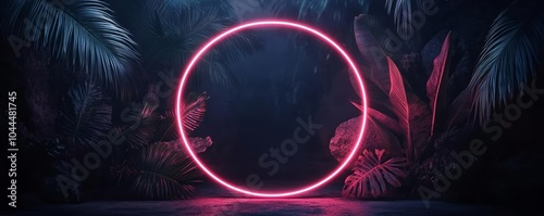 Futuristic neon ring with jungle foliage, dark atmosphere, exotic leaves illuminated with glowing light, night tropical concept