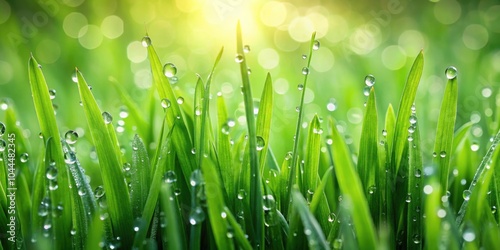 Closeup of fresh green grass with water drops, creating a soft and natural background, Green, grass, water drops, fresh, nature