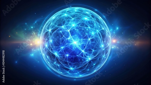 Abstract round blue sphere glowing with cosmic energy, atoms, particles, and magic molecules, abstract, round, blue, sphere