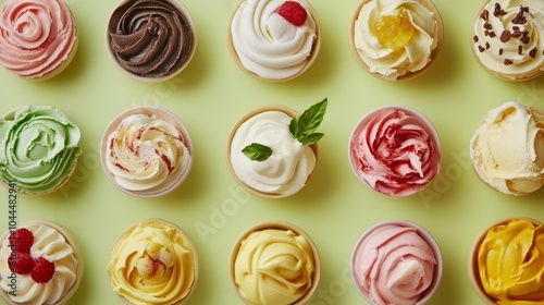 An array of colorful ice cream cups arranged neatly on a light green surface.