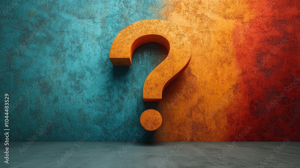 A large 3D orange question mark on a split blue and orange background with rough texture, perfect for designs needing a space for text. A large 3D orange question mark on a split blue and orange background with rough texture, perfect for designs needing a space for text.