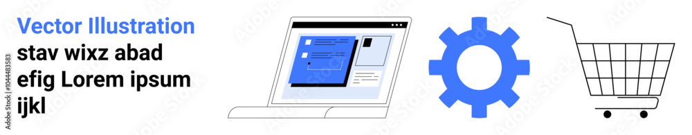 Laptop with software interface, blue gear, and shopping cart on white background. Ideal for online shopping, web development, e-commerce, digital marketing, and tech startups. Banner for landing page Laptop with software interface, blue gear, and shopping cart on white background. Ideal for online shopping, web development, e-commerce, digital marketing, and tech startups. Banner for landing page