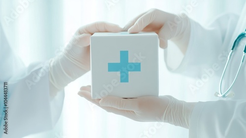 healthcare delivery interaction, clean white medical packaging, blue pharmacy cross emblem, professional handover scene, muted pastel colors, selective focus photography, modern medical service