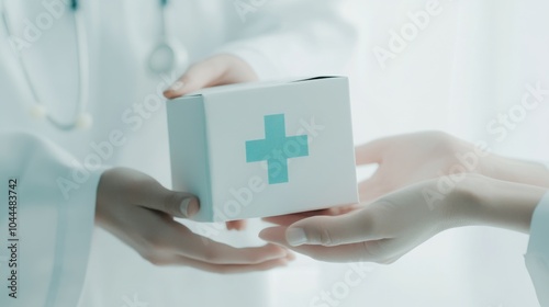 healthcare delivery interaction, clean white medical packaging, blue pharmacy cross emblem, professional handover scene, muted pastel colors, selective focus photography, modern medical service