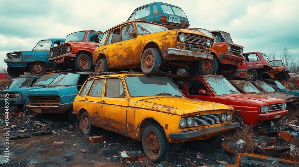 Fototapeta premium Abandoned Cars in a Junkyard for Recycling