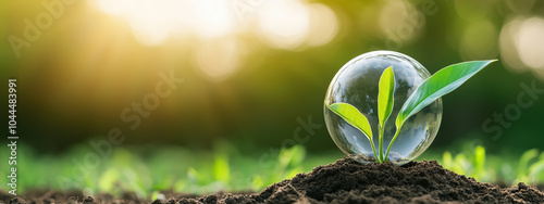 World Environment Day Celebration: A Glass Earth Globe Surrounded by Lush Green Grass, Growing Plant, and Bright Sunlight in a Vibrant Eco-Friendly Landscape Symbolizing Ecology photo