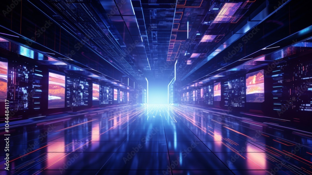 Futuristic Corridor with Neon Lights and Digital Displays Futuristic Corridor with Neon Lights and Digital Displays