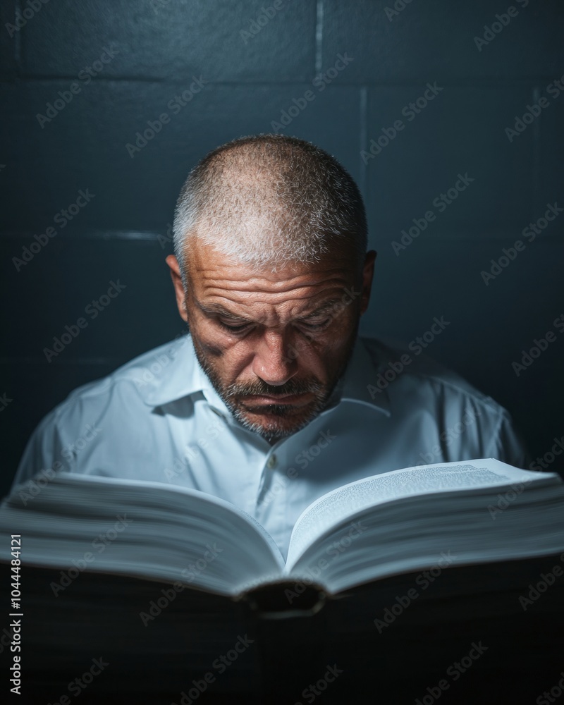 Fototapeta premium Focused Detective Analyzing Crime Procedure in Dimly Lit Office