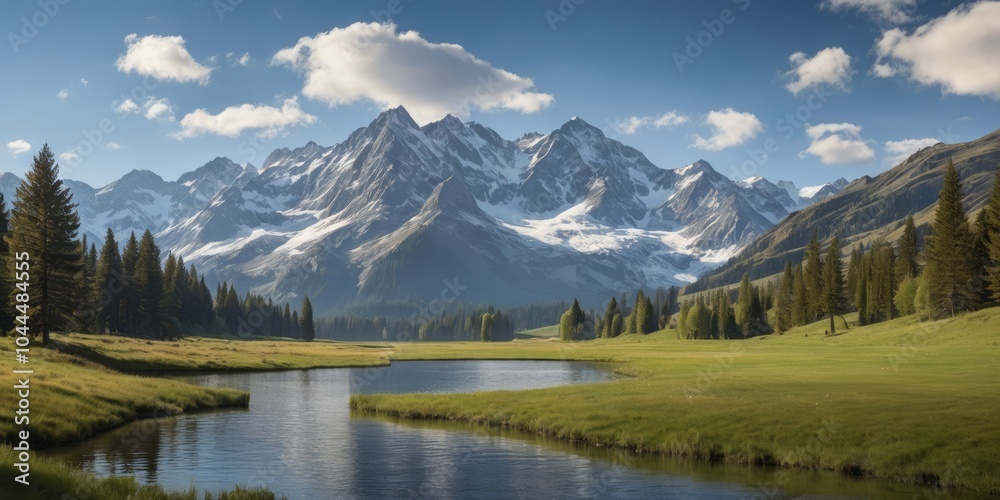 Landscape of Meadow and Calm Lake with Snow-Capped Mountains in Soft Morning Light Landscape of Meadow and Calm Lake with Snow-Capped Mountains in Soft Morning Light