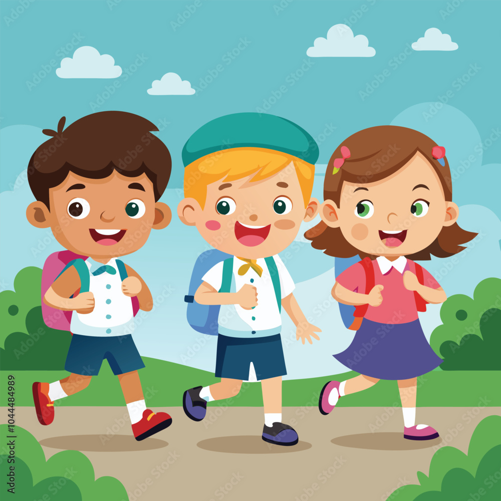 Three school kid happily going their school vector Three school kid happily going their school vector