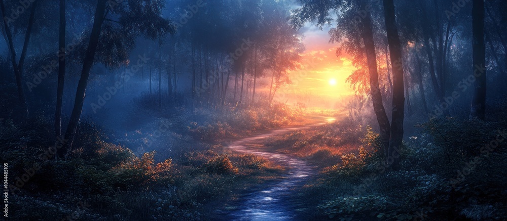 A misty forest path leading to a golden sunset. A misty forest path leading to a golden sunset.