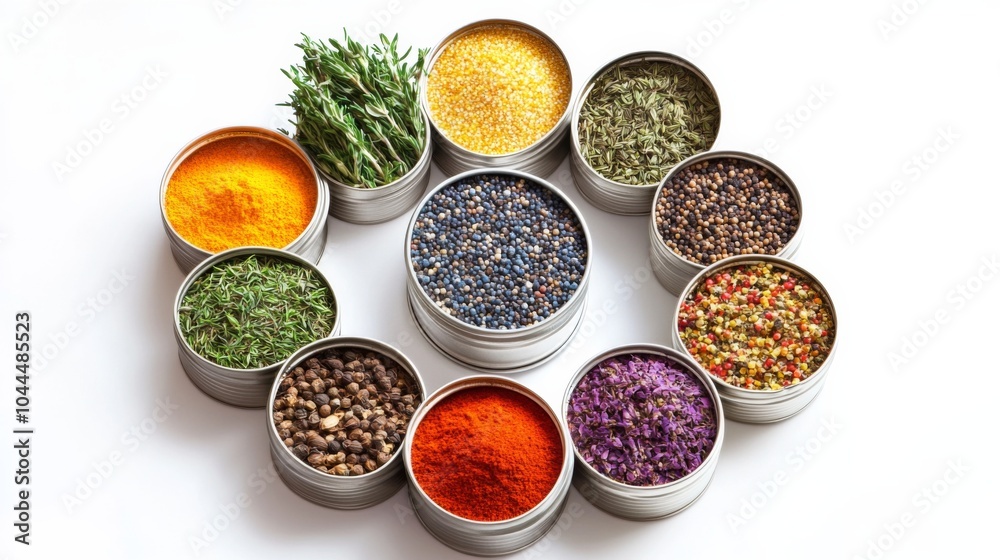 Decorative Herbs in Tins Arranged in Spiral Pattern