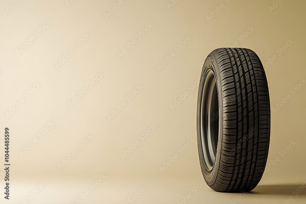 A single new car tire standing upright against a light brown background. A single new car tire standing upright against a light brown background.