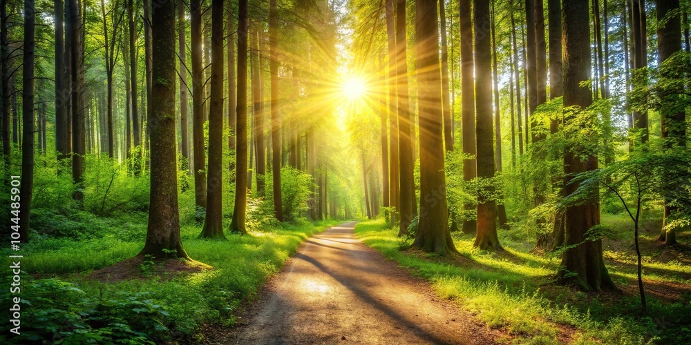 Obraz premium Scenic forest path with asymmetrical tree line under sunlit sky