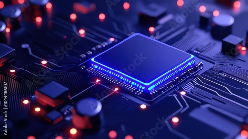 Blue illuminated microchip on a dark circuit board background photo