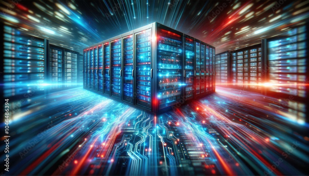 Futuristic Data Center Visualization: Digital AI Infrastructure with Illuminated Servers Representing Artificial Intelligence, Data Flow, Neural Networks, and Cloud Computing