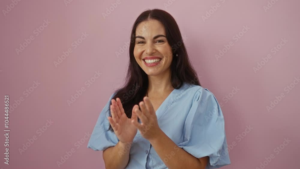 Woman clapping happily in front of a pink wall, wearing a light blue blouse, exuding positivity and joy Woman clapping happily in front of a pink wall, wearing a light blue blouse, exuding positivity and joy