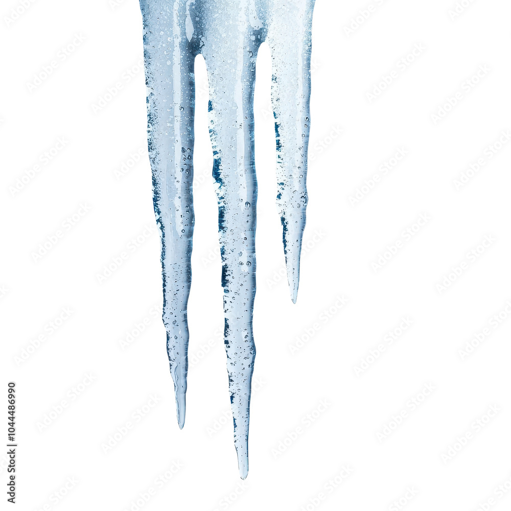 A striking image of three icicles hanging from a surface, set against a solid black background, emphasizing their icy texture and sharp form. A striking image of three icicles hanging from a surface, set against a solid black background, emphasizing their icy texture and sharp form.