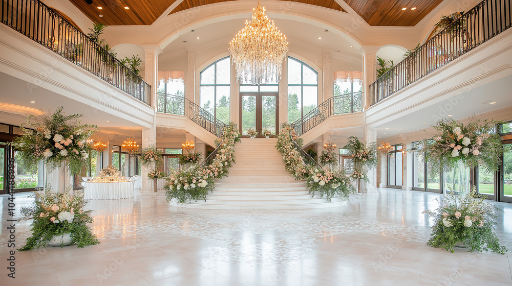 An indoor wedding venue with a grand staircase, elegant chandeliers, and floral decorations An indoor wedding venue with a grand staircase, elegant chandeliers, and floral decorations