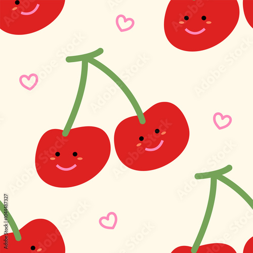 smile face cherry pink heart cute character seamless pattern