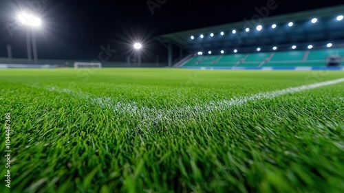 Close-up of vibrant green soccer field at night under stadium lights.