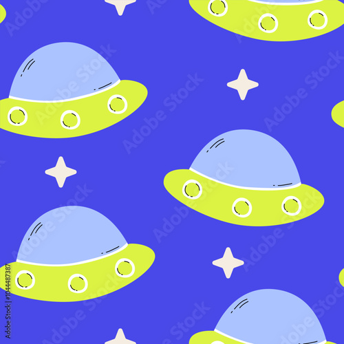 UFO with star twinkle on blue cosmos seamless pattern 