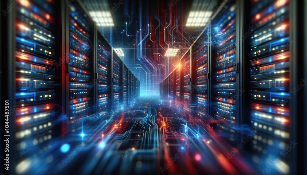 Obraz premium Futuristic Data Center Visualization: Digital AI Infrastructure with Illuminated Servers Representing Artificial Intelligence, Data Flow, Neural Networks, and Cloud Computing