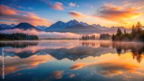 Scenic landscape of misty mountains reflected on a calm lake at dawn