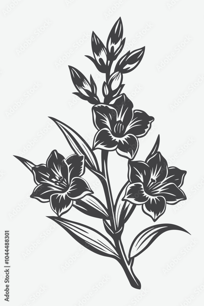 Gladiolus Branch with Flowers Silhouette Vector Illustration Featuring Elegant Floral Design Elements Gladiolus Branch with Flowers Silhouette Vector Illustration Featuring Elegant Floral Design Elements