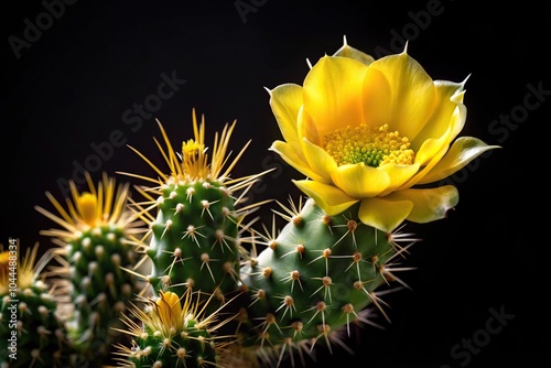 Sharp spines and yellow flower of Barbary fig isolated against black panoramic photo