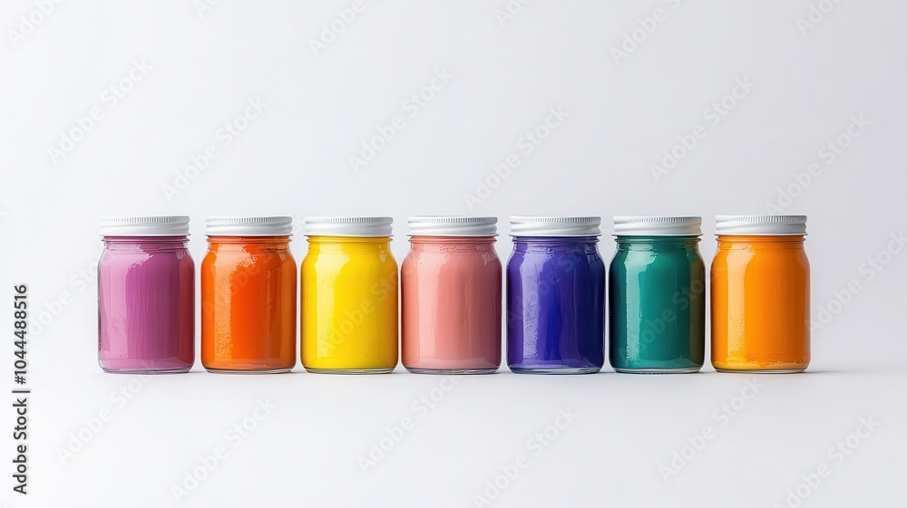 Colorful paint jars arranged in a row on a white isolated background. Colorful paint jars arranged in a row on a white isolated background.