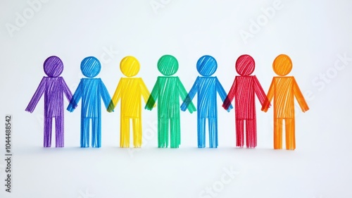 Colorful paper figures holding hands on a white background.