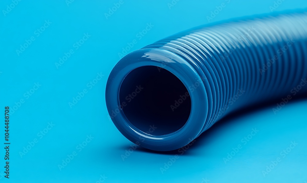 Blue flexible hose with ribbed surface on blue background. Blue flexible hose with ribbed surface on blue background.