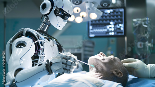 Robots in medicine concept. Artificial Intelligence use in medical treatment. AI robot performs injection for an elderly patient in a hospital bed.  photo