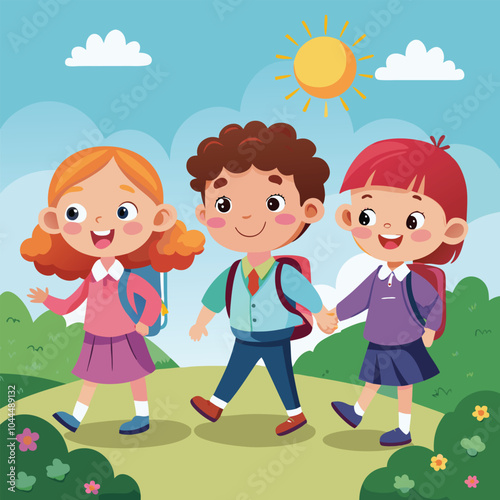 Three school kid happily going their school vector