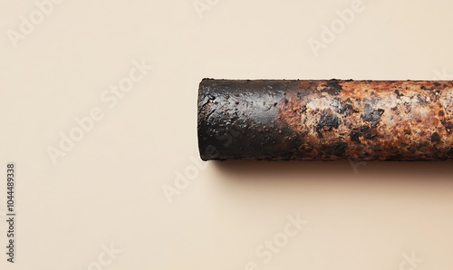Closeup of a rusty metal pipe on a beige background.